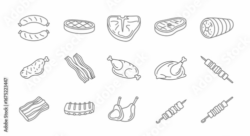 Line art illustration featuring various types of meat cuts, including sausages, steak, bacon, ribs, chicken, and skewers.