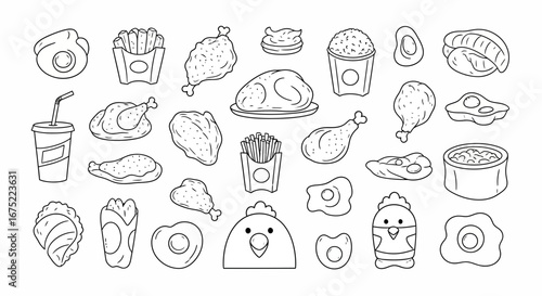 Line art illustration featuring an assortment of fast food items, including fried chicken, fries, eggs, and other various snacks.