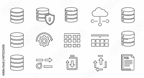 Collection of database and data management icons in outline style, including cloud storage, SQL file, and data flow diagrams.