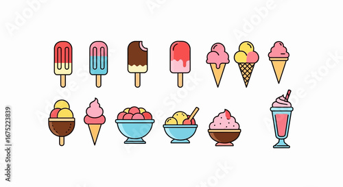 A collection of colorful, cartoon-style ice cream treats including popsicles, cones, bowls, and a milkshake, all isolated on a white background.
