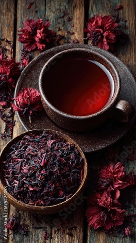 Dark-red hibiscus tea in a rustic cup and bowl, with dried flowers