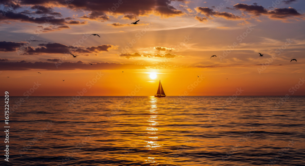 Obraz premium Sailboat Gliding Toward Sunset Under Vibrant Skies