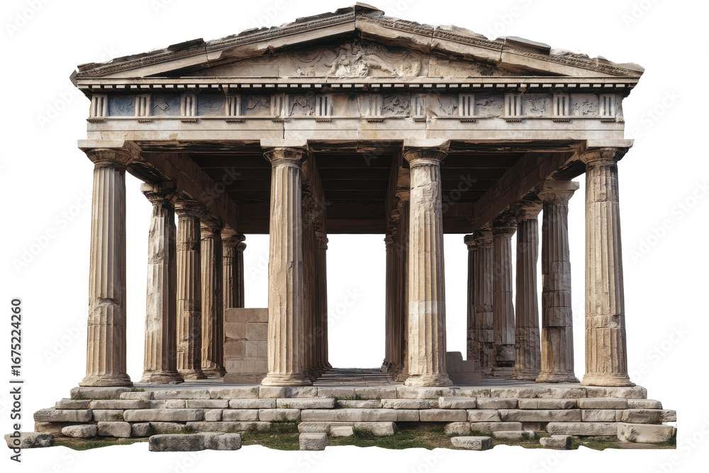Fototapeta premium Ancient Greek temple stands tall with its iconic columns, highlighting classic architecture against a transparent background for clear visual impact