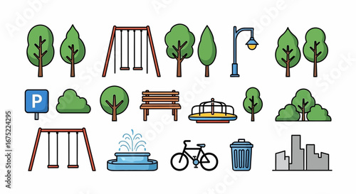 A collection of park elements: trees, swings, benches, a fountain, a bicycle, a city skyline, and other outdoor objects, presented in a cartoon style.
