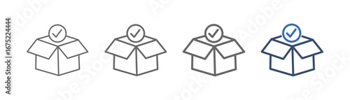 
outline icon set open box with cardboard box design, as well as circle and check mark