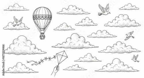 A hand holds a kite as a hot air balloon and doves fly among fluffy clouds in a whimsical, vintage-style illustration.