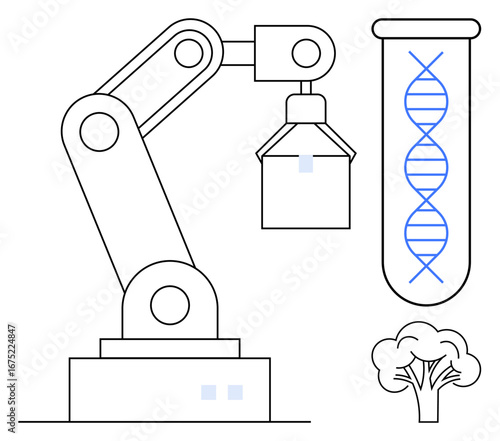 Automated robotic arm with DNA strand in test tube, alongside a tree representing biotechnology synthesis. Ideal for innovation, science, laboratory, sustainability, genetics, robotics, biology
