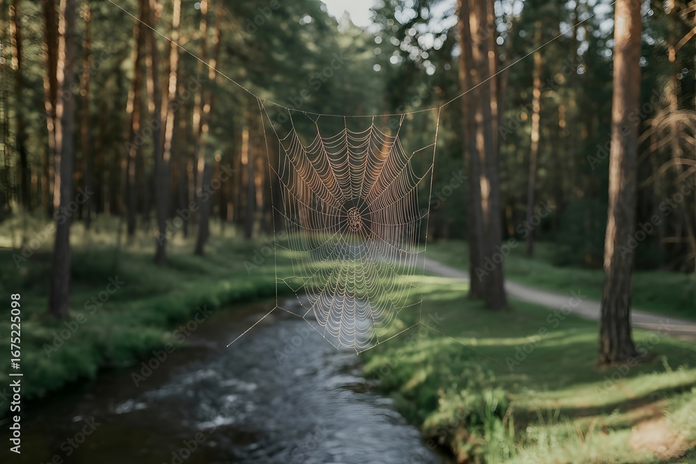 Fototapeta premium A serene forest stream flows through a sun dappled pine forest with lush green grass and a clear blue sky overhead creating a peaceful natural landscape