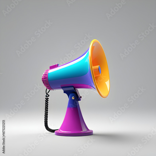 Colorful Megaphone with Purple and Blue Design on Gray Background
