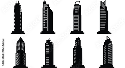 Collection of modern city skyscrapers in black silhouette on white background
