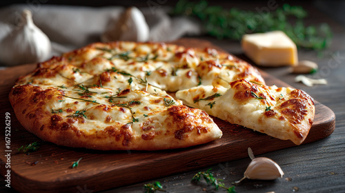 Wallpaper Mural A garlic bread with cheese and herbs on a wooden board with garlic bulbs in the background Torontodigital.ca