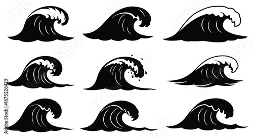 Collection of various wave silhouettes in different crashing positions