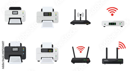 Wireless printers and routers on a white background for office use