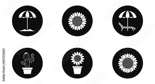 Summer vacation icons featuring umbrellas and flowers on black backgrounds