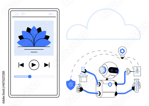 Robot multitasking with tools, bulb, and icons near smartphone screen with music player. Ideal for technology, innovation, AI, multitasking, automation cloud computing efficiency. Simple flat