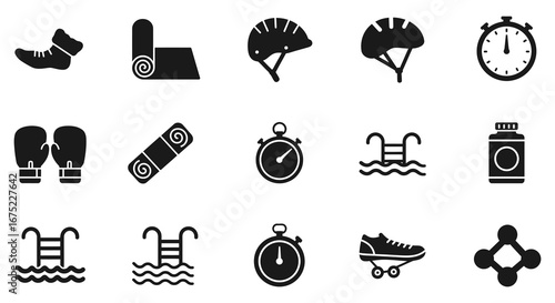 Collection of sports equipment and time management icons in black and white