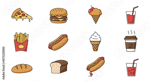 A variety of fast food and dessert items on a white background