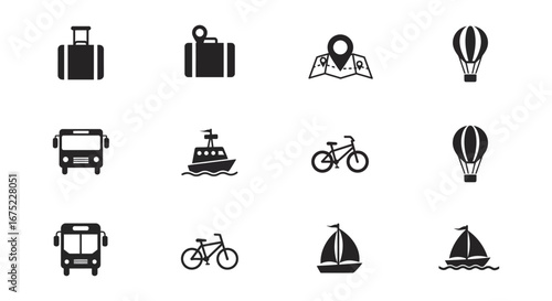 Travel transportation icons set including vehicles and modes of transport