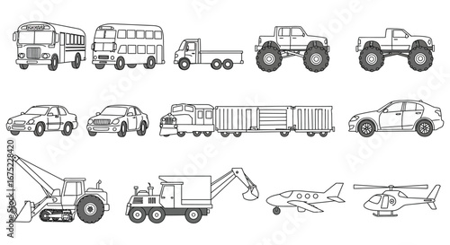 Various vehicles and transportation modes in a simple line drawing style