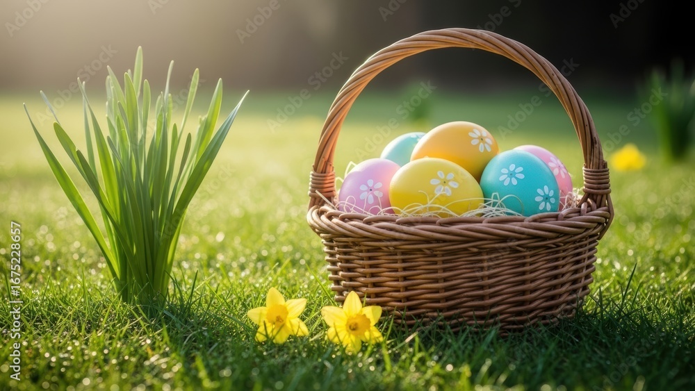 Fototapeta premium A wicker basket of colorful Easter eggs in a sunny green field with daffodils.