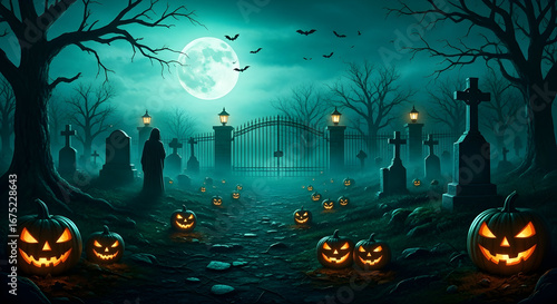 Spooky Halloween night with glowing jack o lanterns, bats, and a mysterious figure in a graveyard