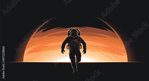 Astronaut silhouette exploring vibrant new planet landscape during breathtaking space adventure