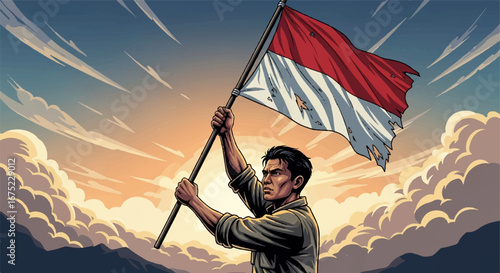 Man proudly holds a tattered Indonesian flag high against a sky filled with clouds and radiating sunlight.