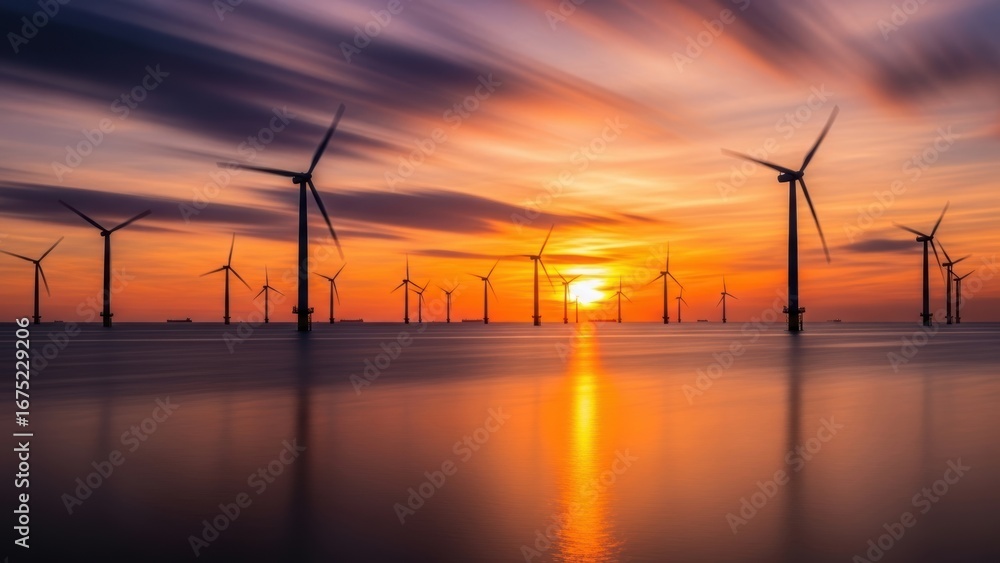 Obraz premium A line of offshore wind turbines at sunset with motion-blurred clouds.