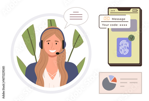 Woman with headset offering remote help. Smartphone with fingerprint authentication, verification code message, and data analytics chart. Ideal for support, security, technology, connection, service