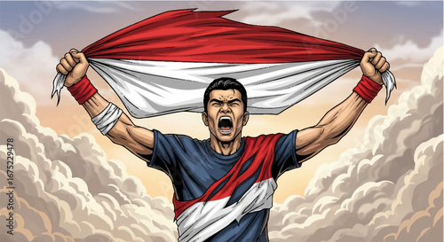 Illustration of a man holding a tattered Indonesian flag above his head, shouting with pride against a cloudy sky backdrop.