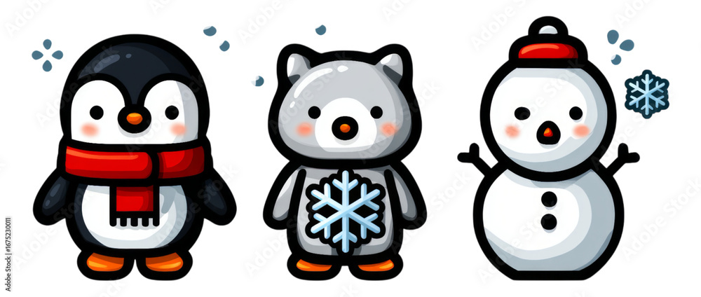 Fototapeta premium Cute Cartoon Characters of Penguin, Bear, Snowman