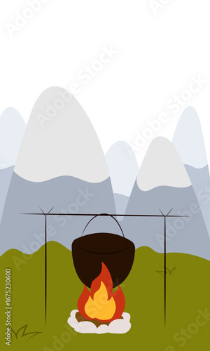 Flat vector illustration of camping outdoors. Mountains, campfire, tent, nature, camper, trees, coffee, backpack, guitar, kettle, boiler, tea, silence, calm, peace, marshmallows on fire