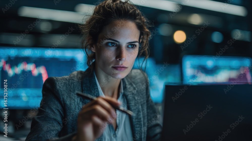 © Restyler - A female stock market trader is working on a laptop surrounded by glowing screens with financial charts. She is focused on analyzing data. © Restyler - A female stock market trader is working on a laptop surrounded by glowing screens with financial charts. She is focused on analyzing data.