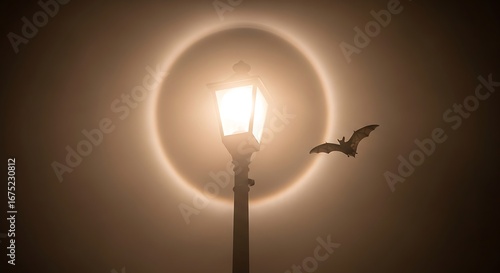 Mystical Night Scene with a Bat Flying Past a Glowing Street Lamp