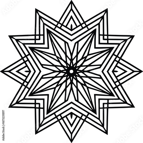Vector art of complex geometric star pattern showcasing intricate lines and angular shapes, forming a visually dynamic and captivating abstract design with a contemporary feel