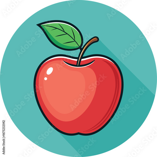 Vector art of a vibrant red apple illustration with a green leaf and long shadow, set against a teal background, perfect for conveying a sense of freshness and healthy eating habits