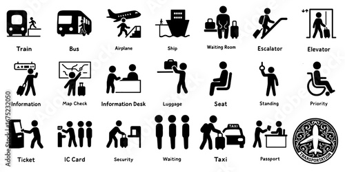 交通機関と旅行のピクトグラムセット、Transportation and Travel Pictogram Set