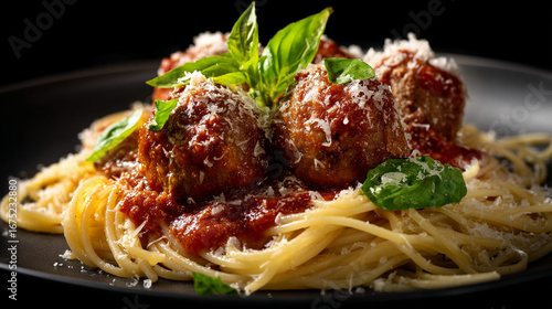 Close up of spaghetti with meatballs and tomato sauce topped with basil and parmesan cheese