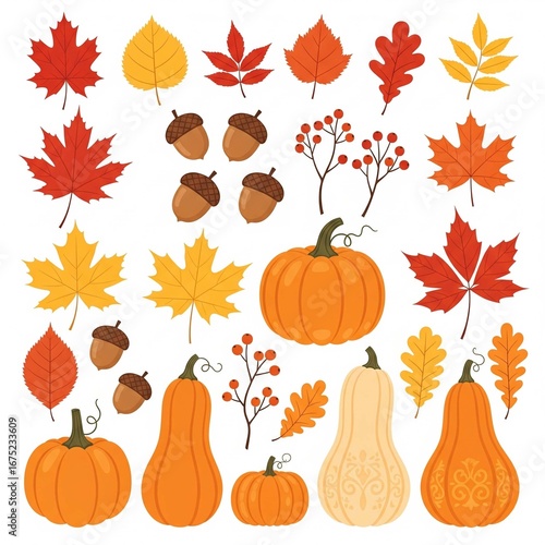 Cozy autumn fall clipart set with leaves and pumpkins