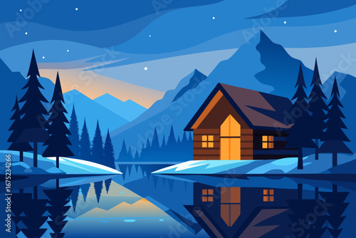 Cozy log cabin by a reflective lake at dusk