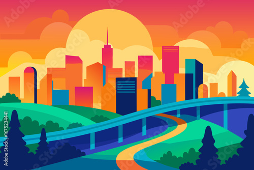 Vibrant cityscape with highway and rolling hills at sunset