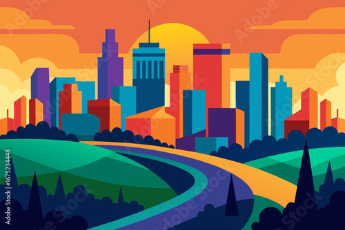 Vibrant cityscape at sunset with winding road
