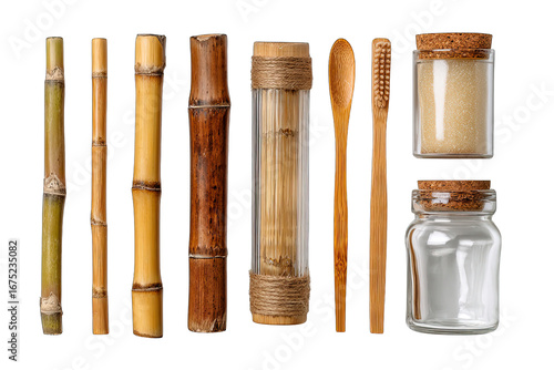 set of bamboo and glass eco products isolated on white background zero waste kit