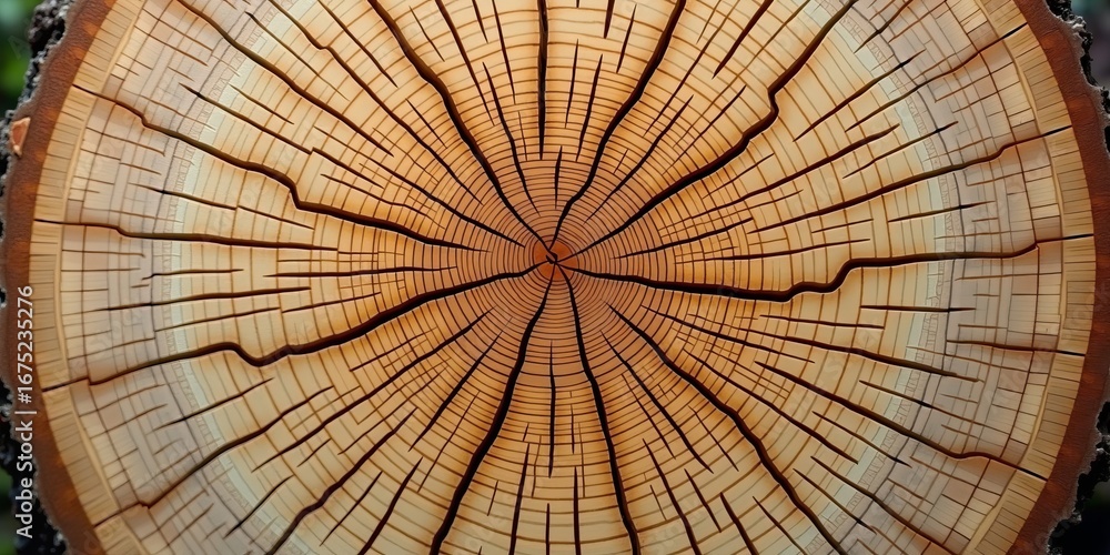 Naklejka premium Sustainability and passage of time symbolized by close up tree ring section, natural wood pattern and growth concept