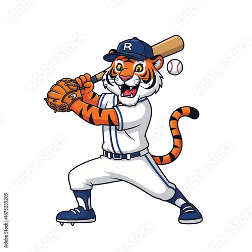 Cartoon tiger mascot in a baseball uniform swinging a bat. An illustrated animal character athlete hitting a ball, perfect for a sports team logo