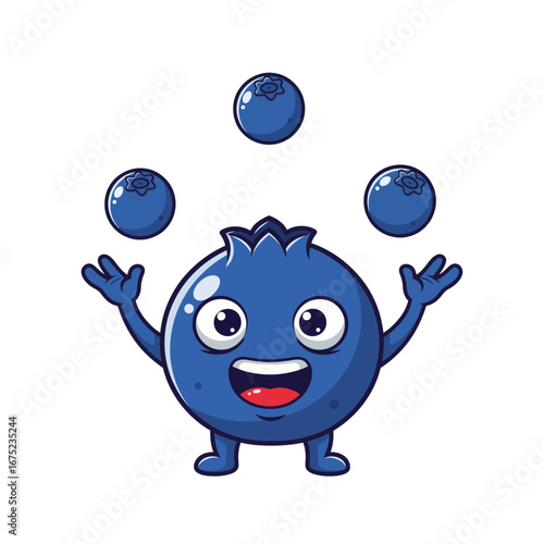 A cute and cheerful cartoon blueberry character happily juggling three smaller berries. This playful fruit mascot illustration is isolated on a white background