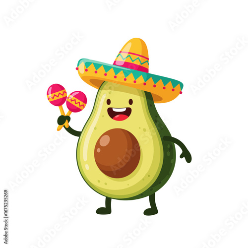 A cheerful and funny cartoon avocado character in a vibrant sombrero, joyfully playing maracas to celebrate a festive Mexican fiesta