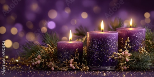 Three lit purple advent candles with flickering flames surrounded by evergreen branches and bokeh lights