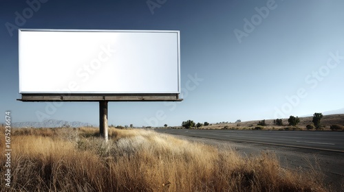Blank white billboard sign by the side of a rural road with dry grass and a clear blue sky