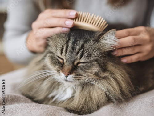 A loving owner grooms a very contented cat
